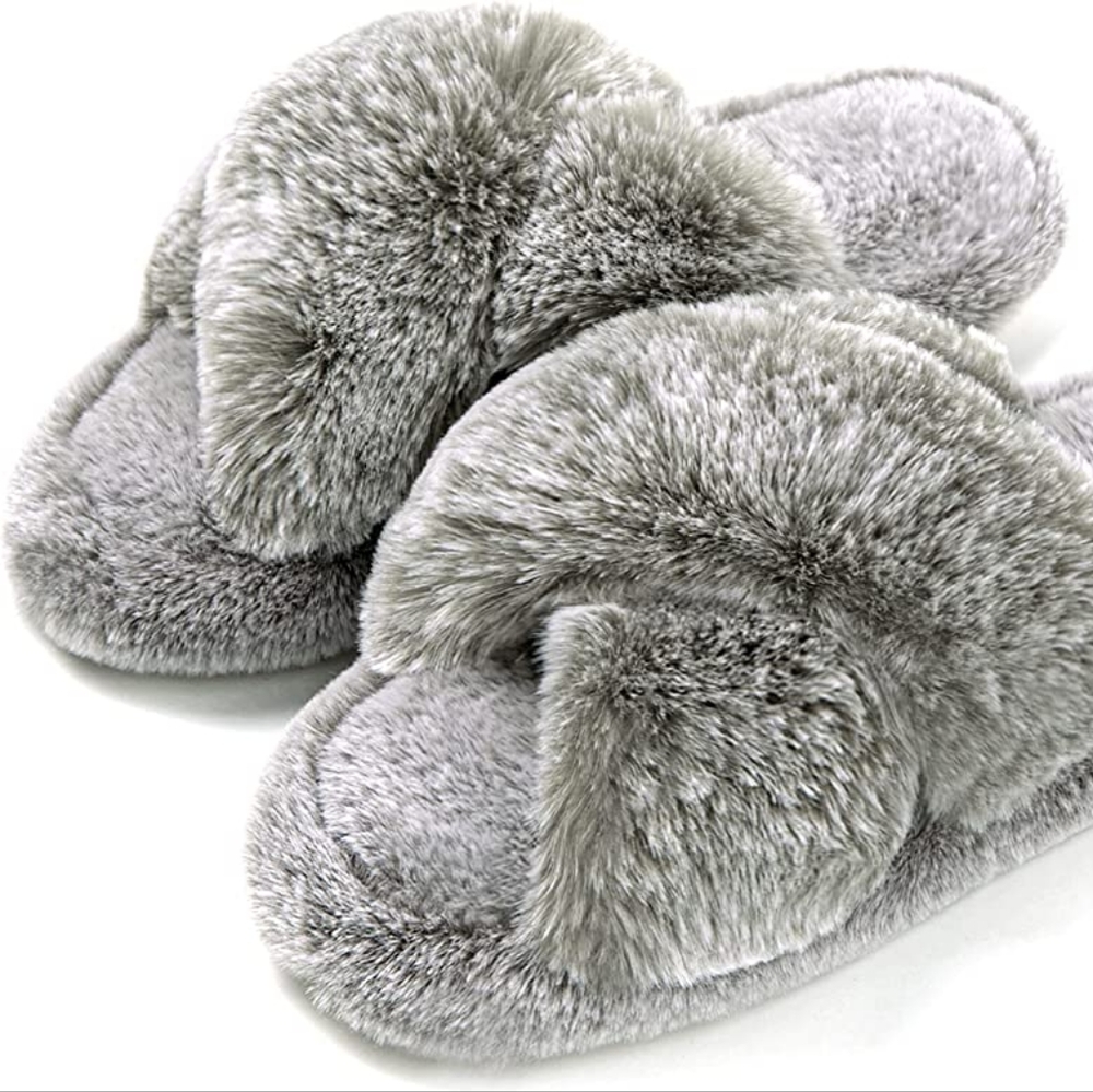 Memory Foam Cross Band Faux Fur Fuzzy Cozy Anti-Skid Slippers
